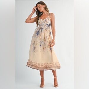 Floral Tie-Shoulder Sweetheart Midi Dress - EB Luxe